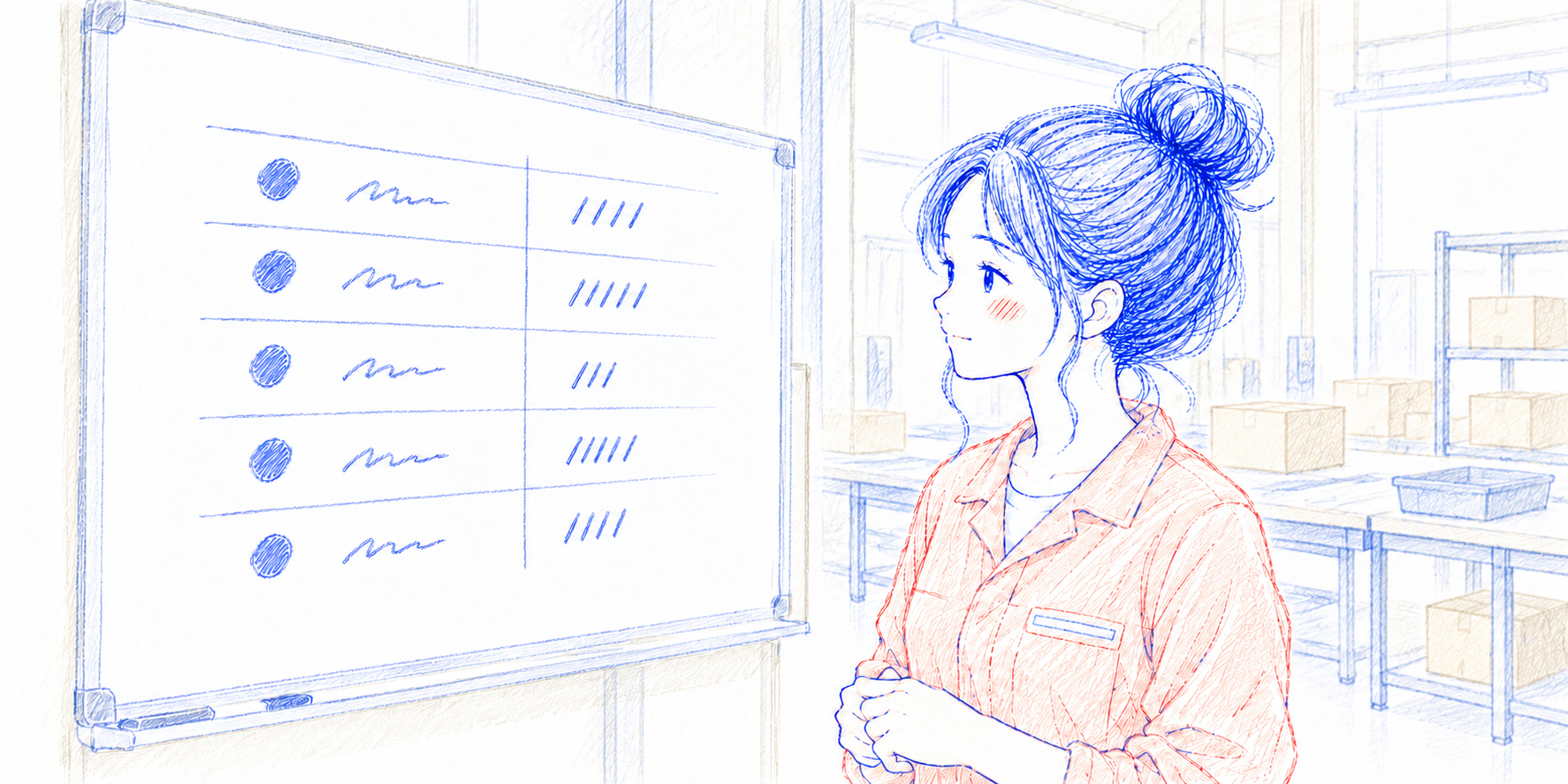 工場内で作業個数のホワイトボードを見るひだまりのイメージ