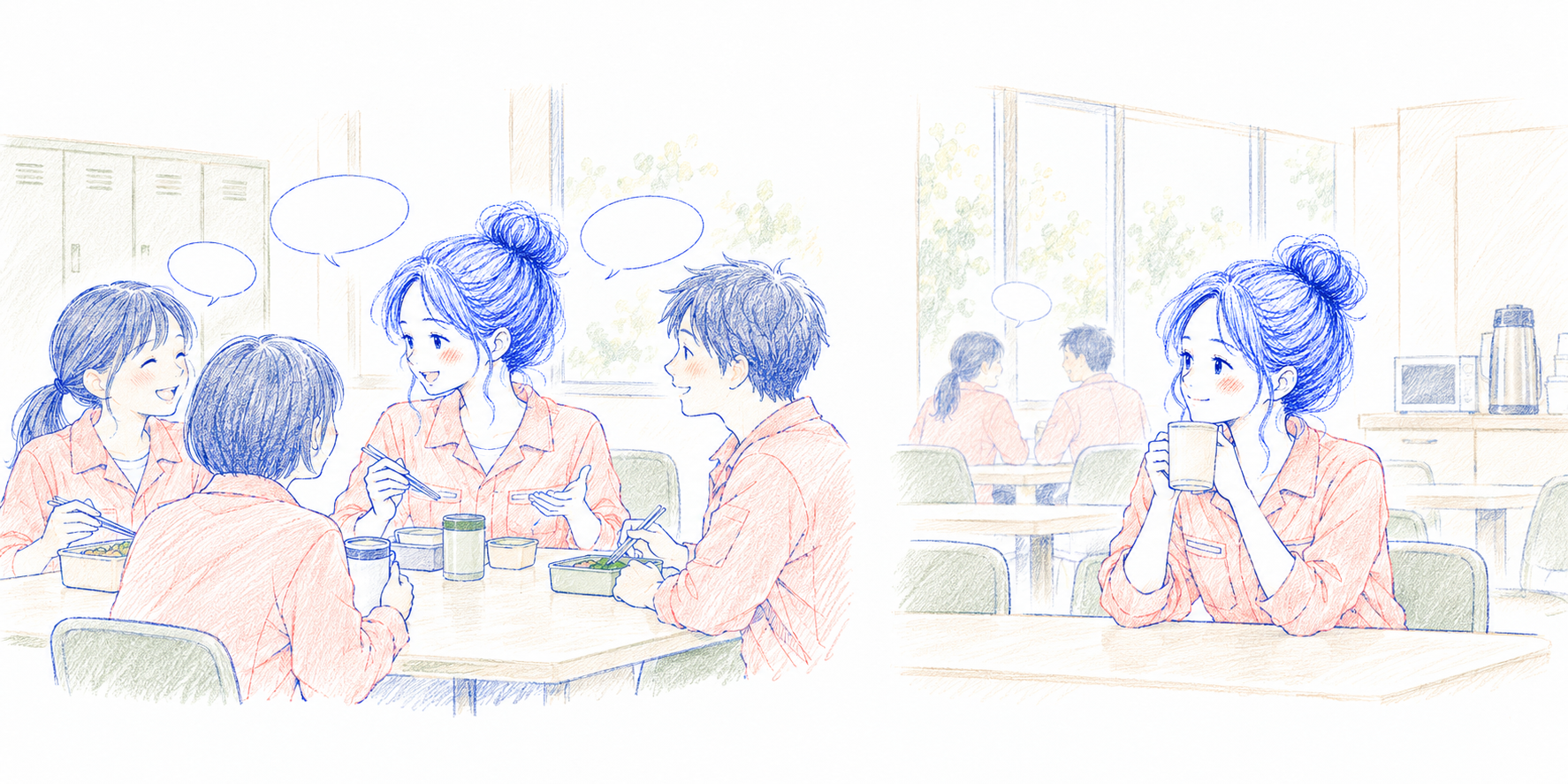 会話が続く昼休みと、食後に一人で過ごせる昼休みを描いたイメージ