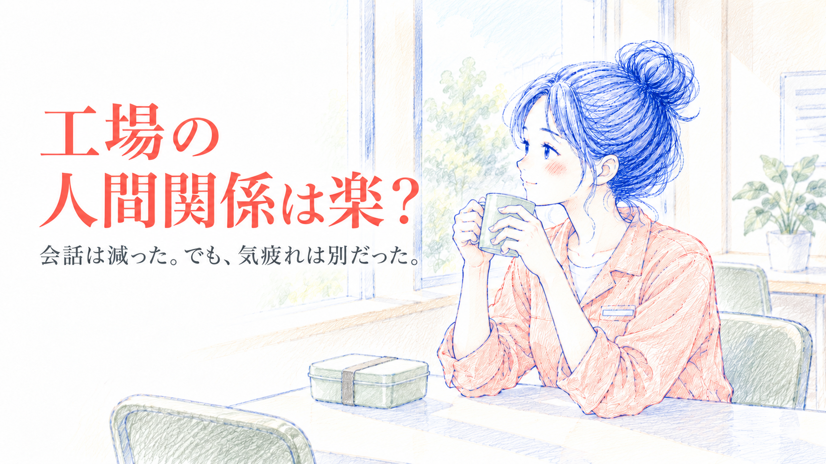 工場の人間関係は楽？ 会話は減った。でも、気疲れは別だった。食後に一人で一息つくひだまりのイメージ